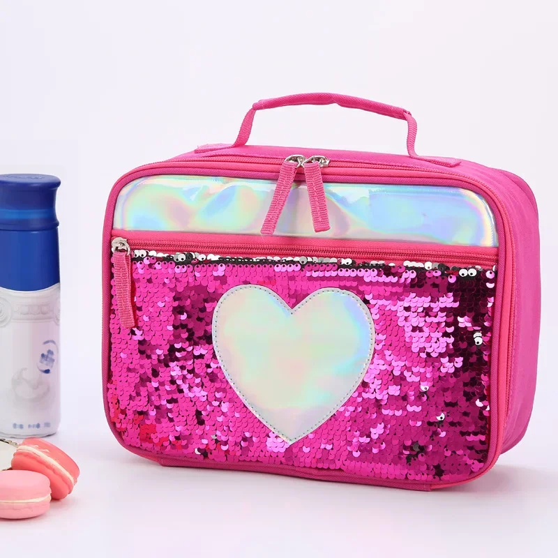 High Quality Fashion Waterproof Reverse Sequin Insulated Kids Girls Boy Lunch Box Glitter Tote Bag Cooler Picnic Pouch for Food