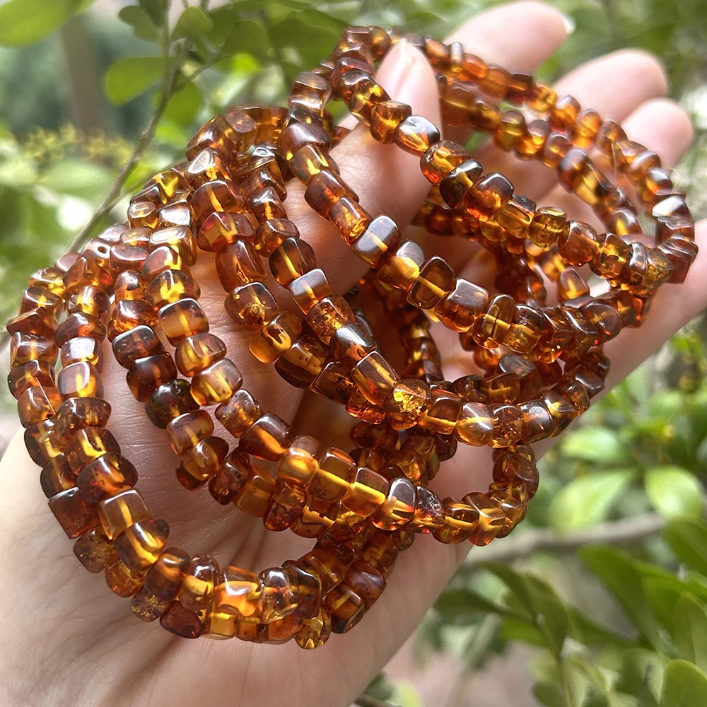 Natrural Genuine Baltic Flower Amber Bracelet Irregular Square Beads Rought Size 6mm-7mm ,For Women Bracelets Gift