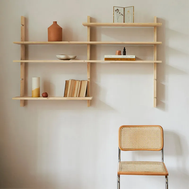 Bedroom multi-layer simple solid wood bookshelf wall storage