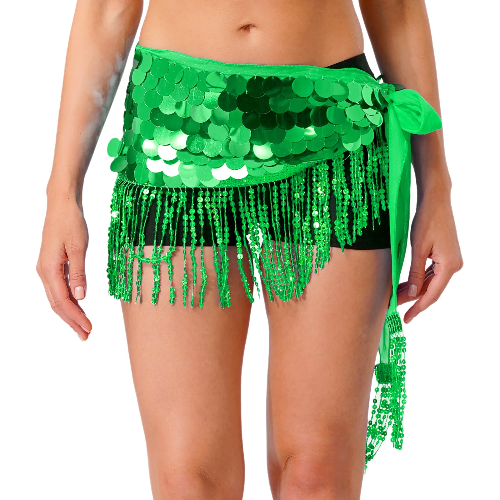 

Women Belly Dance Hip Scarf Sparkly Sequin Tassel Fringe Lace-up Waist Chain Skirt for Modern Dance India Dance Performance Wear
