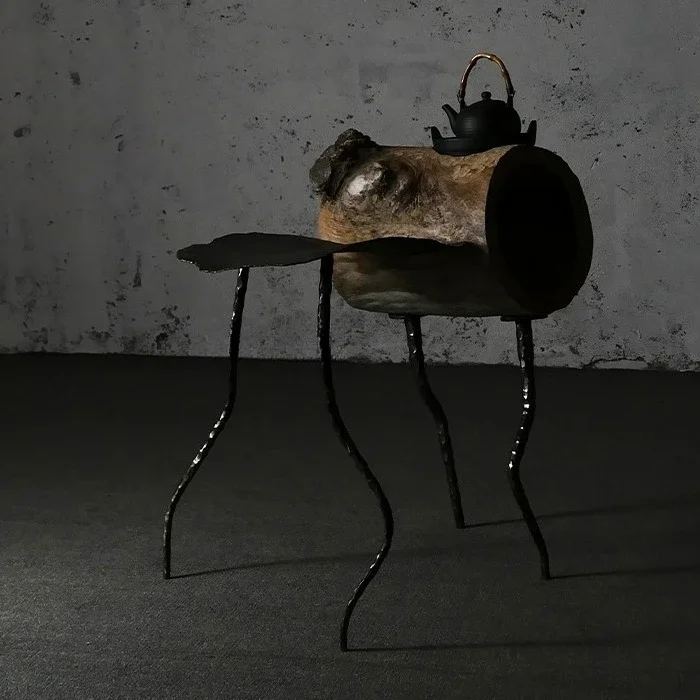 Special-shaped black log light luxury simple wind stove side table wabi sabi forging wooden carbon stove coffee table