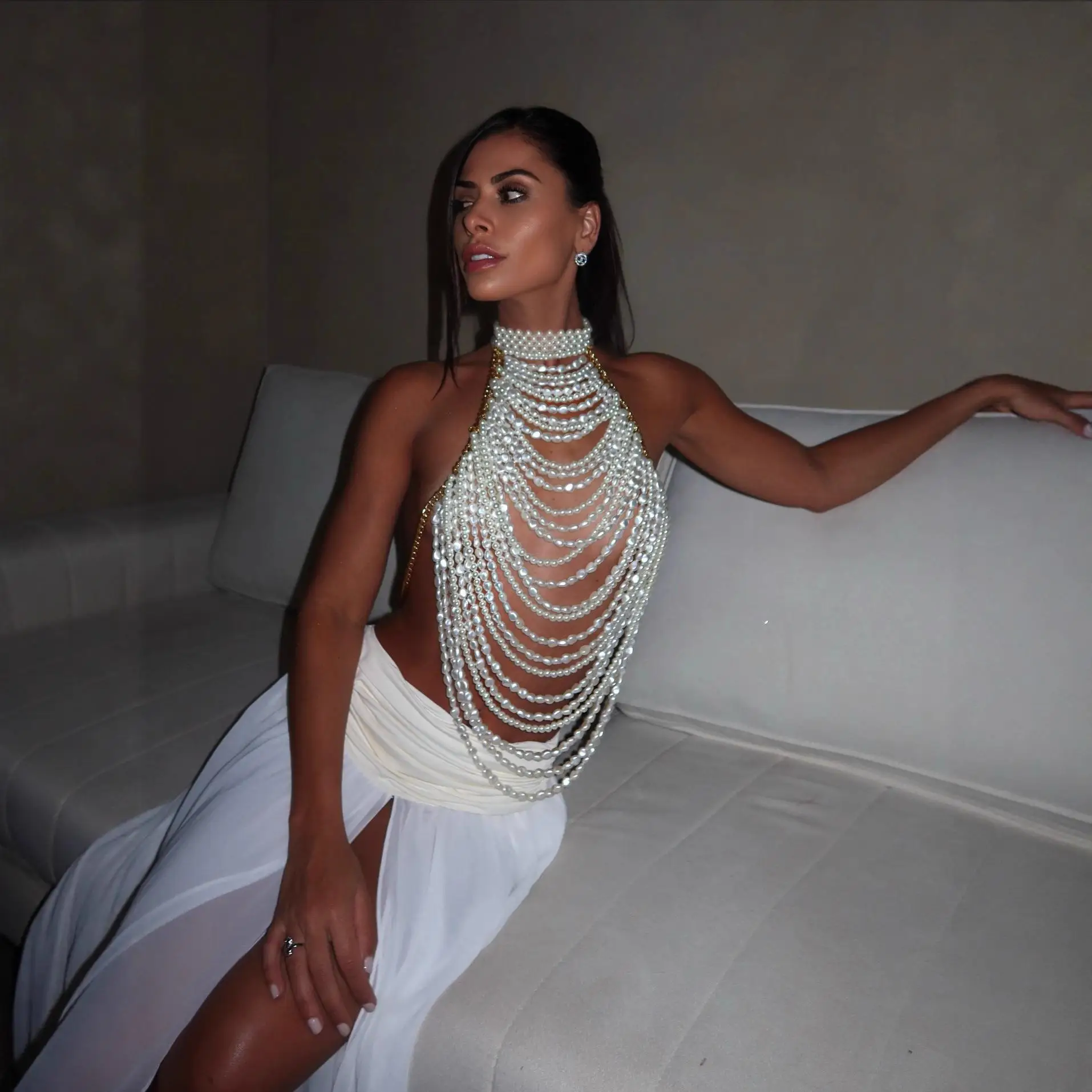 L7630Y Cross-Border Vest Luxury Multi-Layer Pearl Festival Top Women's Fashion A-Line Narrow Strap Vest Short Length 3D Effect