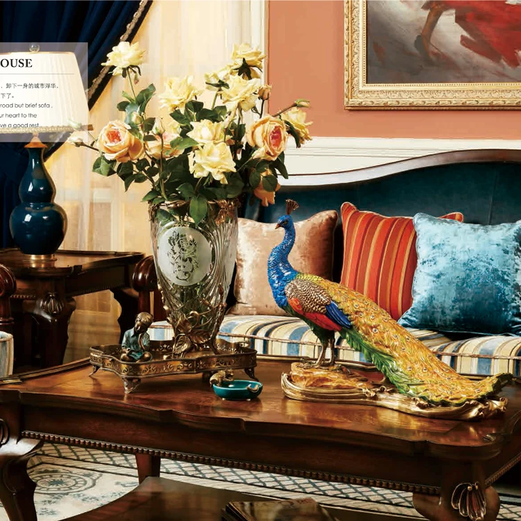 مجوهرات كلاسيكية فاخرة لمدخل المنزل من السيراميك المزخرف الناعم مع طاووس فينيكس النحاسي الأزرق
