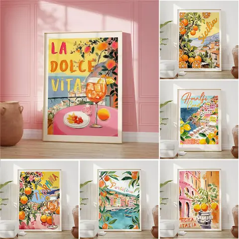 La Dolce Vita Lemon Posters and Prints Retro Spritz Canvas Painting Santorini Italy Travel Wall Art for Room House Decor Gift