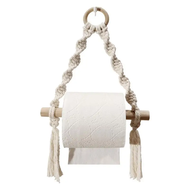 Hand Woven Wooden Toilet Paper Holder Bohemian Wall Hanging Room Decor Bathroom Towel Dispenser Home Roll Paper Holder