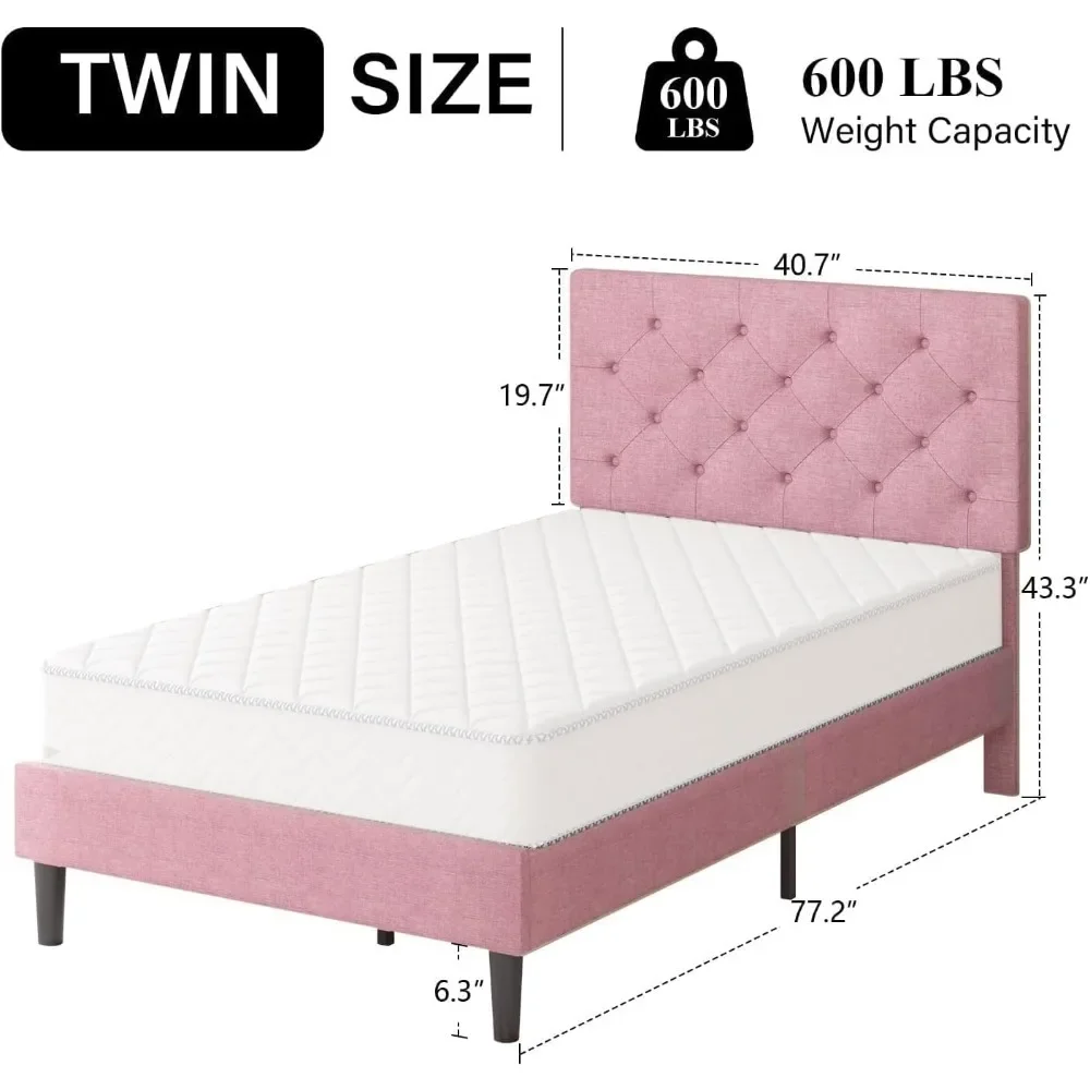 Twin Size Bed Frame with Headboard, Wood Slats, Linen Fabric, Button Tufted, No Box Spring Needed, Upholstered Bed Frame