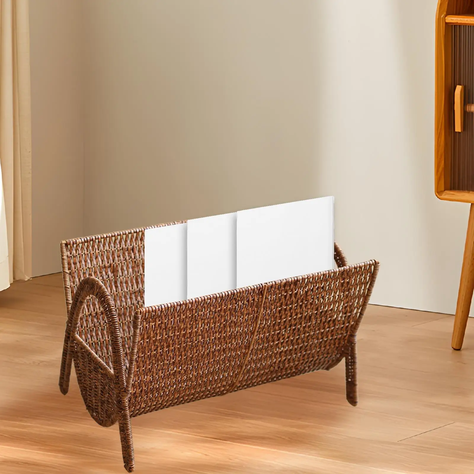 Imitation Rattan Magazine Rack Storage Basket Floor Woven Magazine Holder Organizer for files Album Vinyl Records Living Room