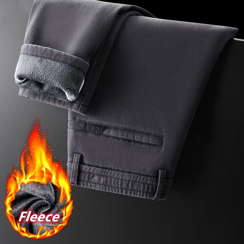 

Winter Brand New Young Men's Twill Fit Pants Fleece Thick and Warm Classic Casual Slim Pencil Trousers Youthful Vitality Boy