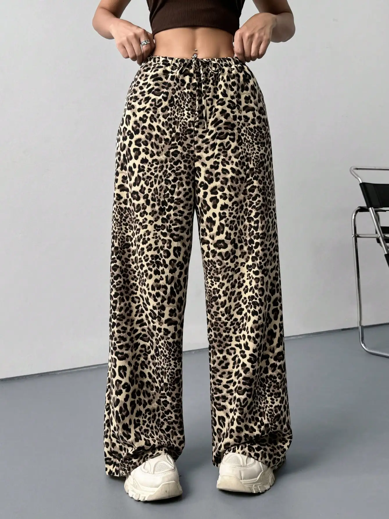 Leopard Print High Waist Casual Pants For Women Loose Straight Leg Fashion Long Trousers