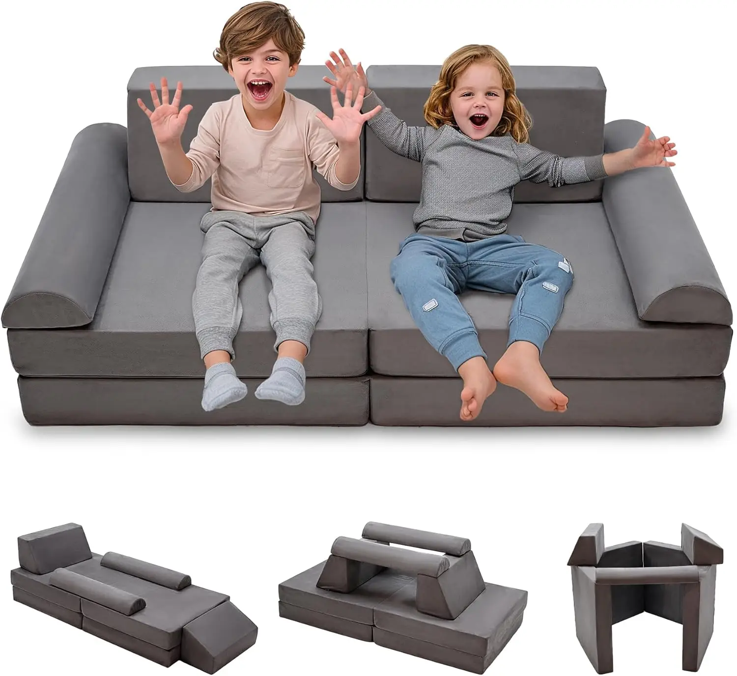 Sofá infantil modular, 8 peças, sofá de brincar para crianças pequenas, quarto de sala de jogos, espuma conversível e almofada de chão para meninos e meninas, cinza