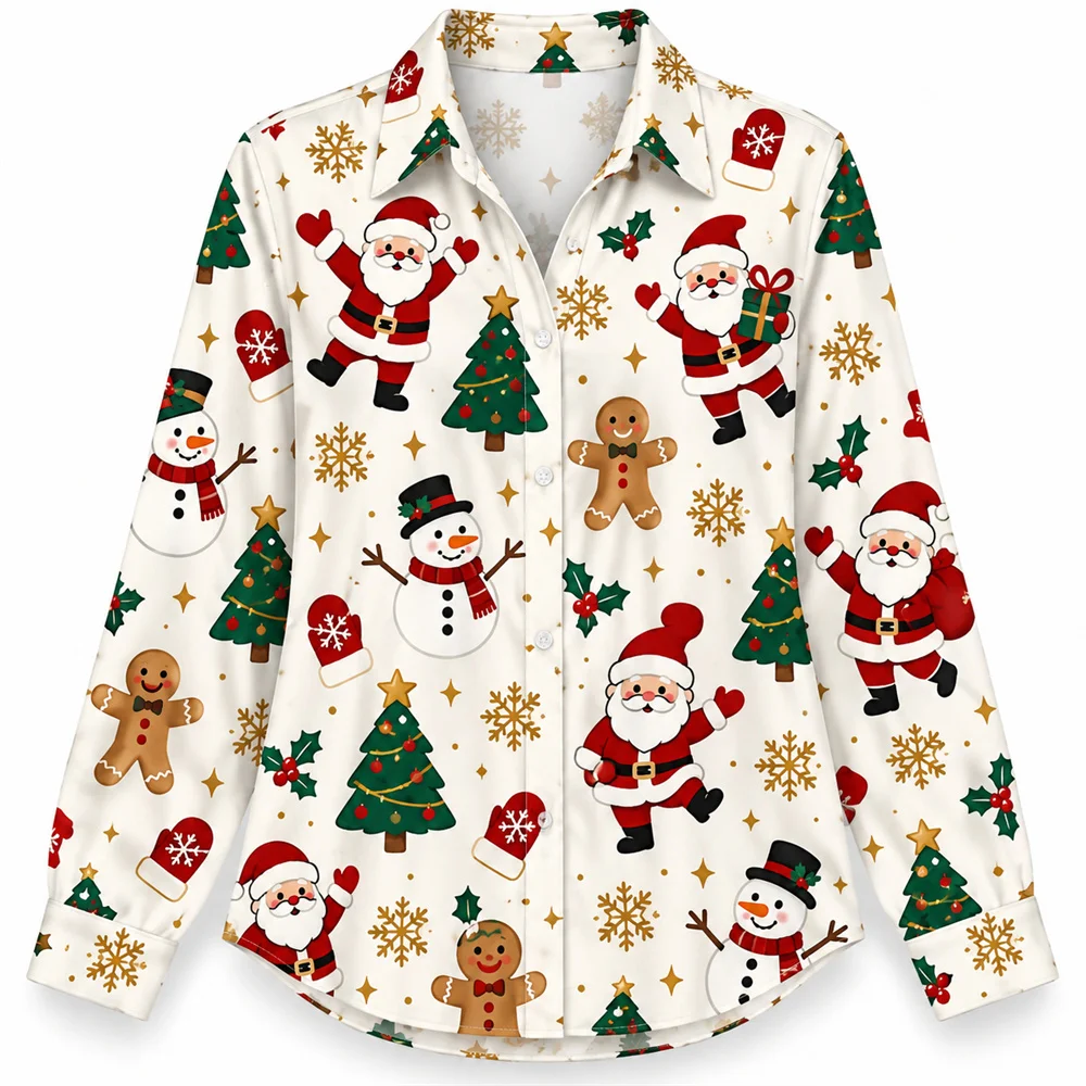 Santa Claus Christmas Shirt for Men Snowman Gingerbread Tree Print Long Sleeve Button Up Holiday Party Casual Winter Festive Top
