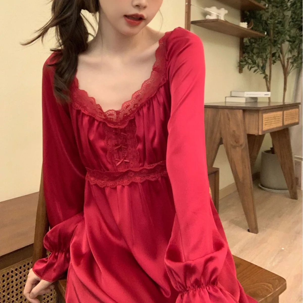 Square Neck Sleepdress Women Long Satin Nightgown Lace Patchwork Nightdress With Bowknot Summer Elegant Palace Style Sleepwear