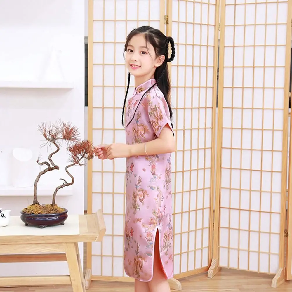 Dragon Phoenix Pattern Comfortable Girl Gift Kids Traditional Dress Qipao Chinese Style Dress Girls Cheongsam Girls Skirt