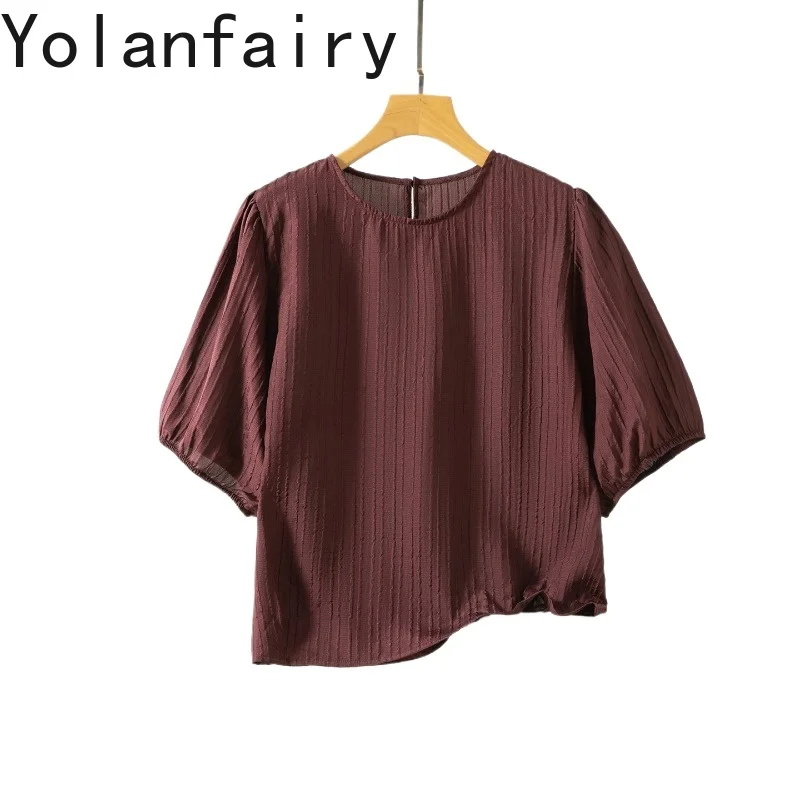 

YOLANFAIRY Silk Bubble Crepe O-neck Shirts for Woman Summer 100% Real Mulberry Silk Tee Shirt Femme Vintage Blouse Womens Top