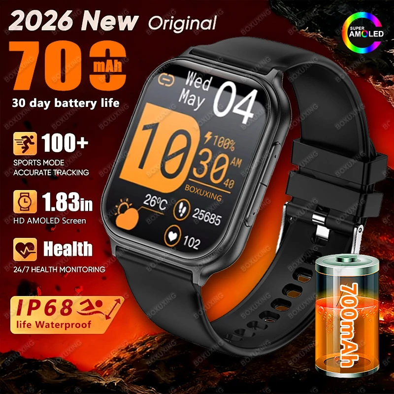 

Новые спортивные смарт-часы 2026 года для мужчин с AMOLED HD-экраном 1,83 дюйма, аккумулятором 700 мАч, GPS-трекером, измерением пульса, водонепроницаемостью IP68 и функцией Bluetooth-звонков