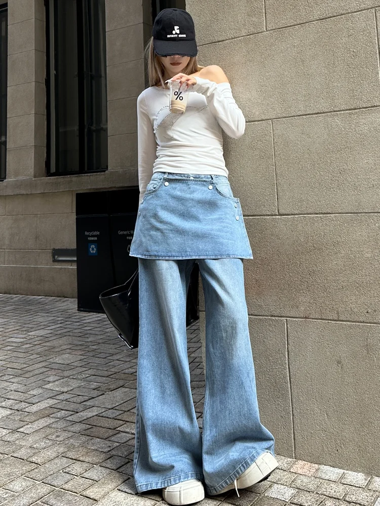 Retro Faded Wide Leg High Waist Jeans Long Leg Pants Design Sense Fake Two-Piece Skirt Pants Floor-Length Pants Casual Sle