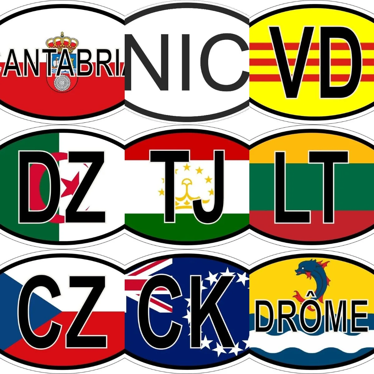 TJ Tajikistan DZ Algeria LT Lithuania CANTABRIA VD CK CZ Czech NIC Nicaragua DROME National Flag Code Abbreviation Car Sticker