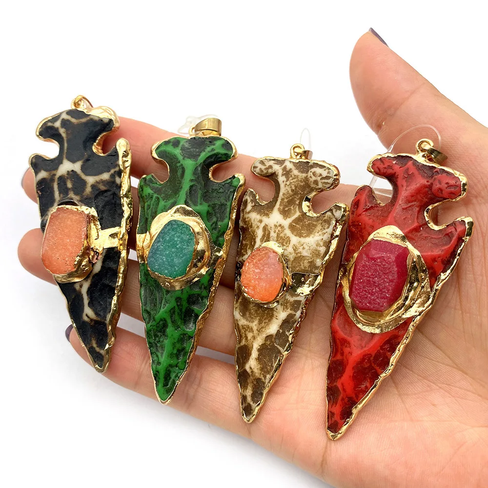 Natural Stone Inlaid Triangular Geometric Resin Color Dyed Single-Hole Electroplated Pendant DIY Necklace Jewelry Accessories