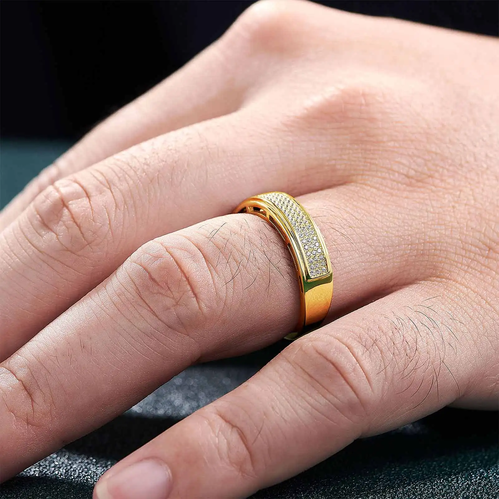 Genuíno 925 anéis de casamento de prata esterlina para homens, ouro amarelo, meia eternidade, zircão cúbico redondo brilhante, joias finas, tamanho 7-14