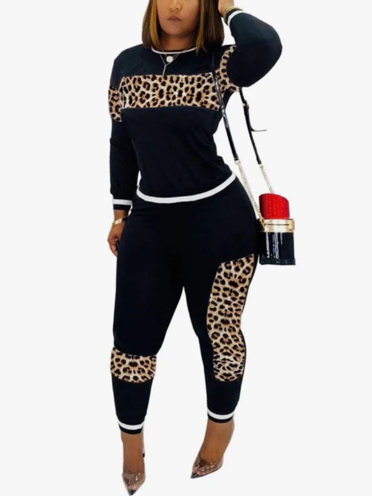 Womens Casual 2 Piece Outfits, Leopard Print Ribbed Cuffs Top Pants Long Sleeve Set