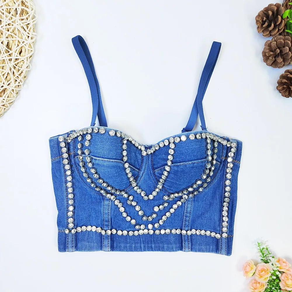 IRENE TINNIE Rock Punk stud Cropped Bustier Summer Crop Top Women Sexy Denim Tops Night Club Party Corset Bras Y2k топ женский