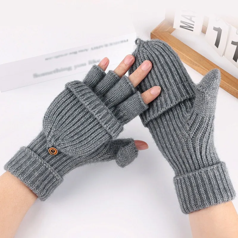 

1 Pair Half Finger Flip Knitted Gloves Winter Thicken Warm Touch Screen Gloves For Men And Women Warm Half Finger Student Gloves