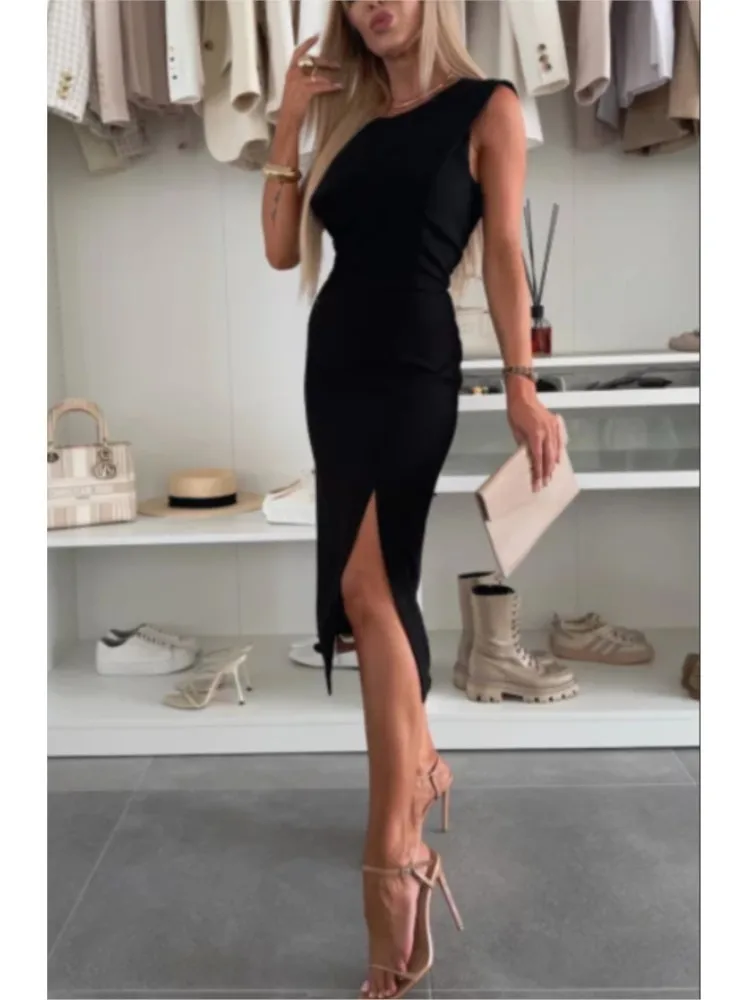 Nuovo abito casual comodo da pendolarismo semplice Abito slim tinta unita diviso senza maniche con scollo tondo elegante e alla moda da donna