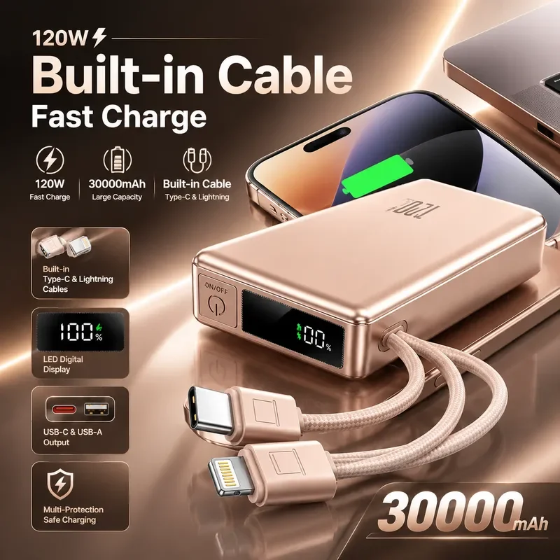 30000mAh Portable 2 In 1 Power Bank 120W Fast Charging Built In Cables Backup External Battery for iPhone