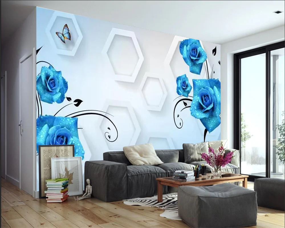 beibehang papel de parede Customized modern new three-dimensional decorative painting abstract blue rose background wallpaper