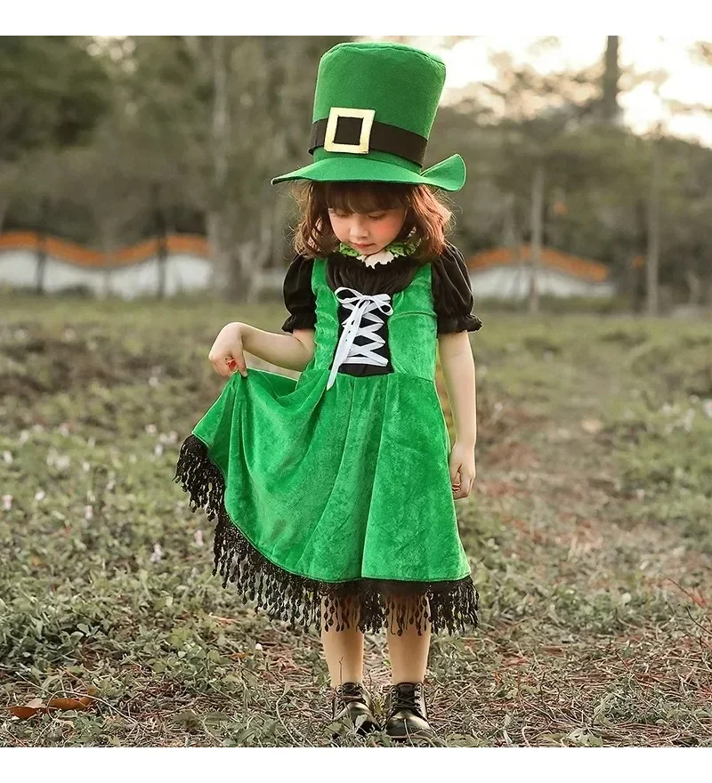 Irish Folk Dance Dress St Patrick Day Elf Leprechaun Costume Kid Girls Green Carnival Festival Fairy Pixie Outfit