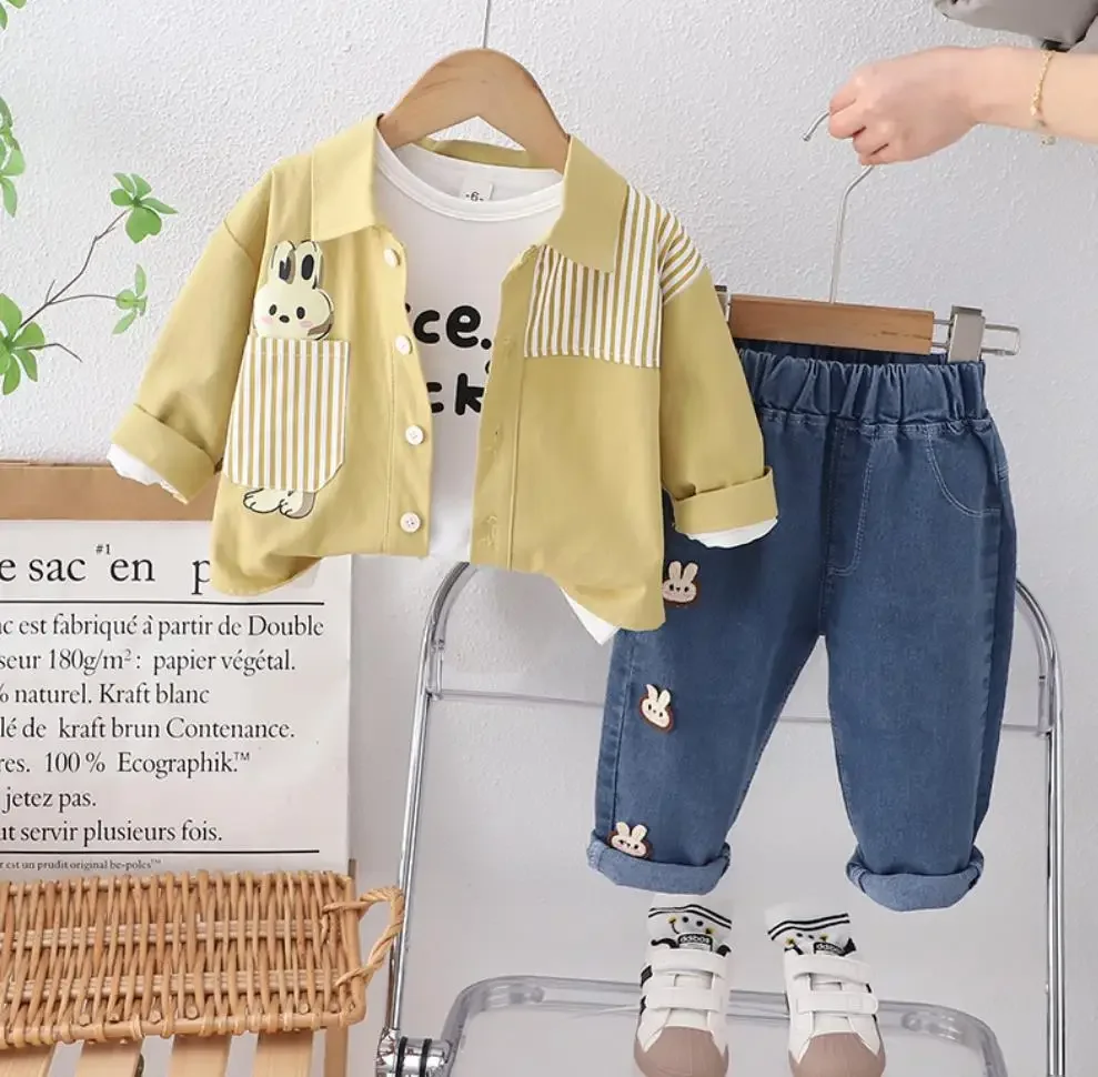 Baby Girls Designer Clothes Sets Korean Style Outfit Cartoon Bunny Pocket Casual Shirts+T-shirts+Jeans 3Pcs Kids Tracksuits