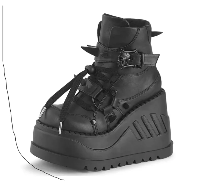 

Women Genuine Leather Black Skull Decorated GothicTide 9cm Demonia Platform Lace-Up Short Boots