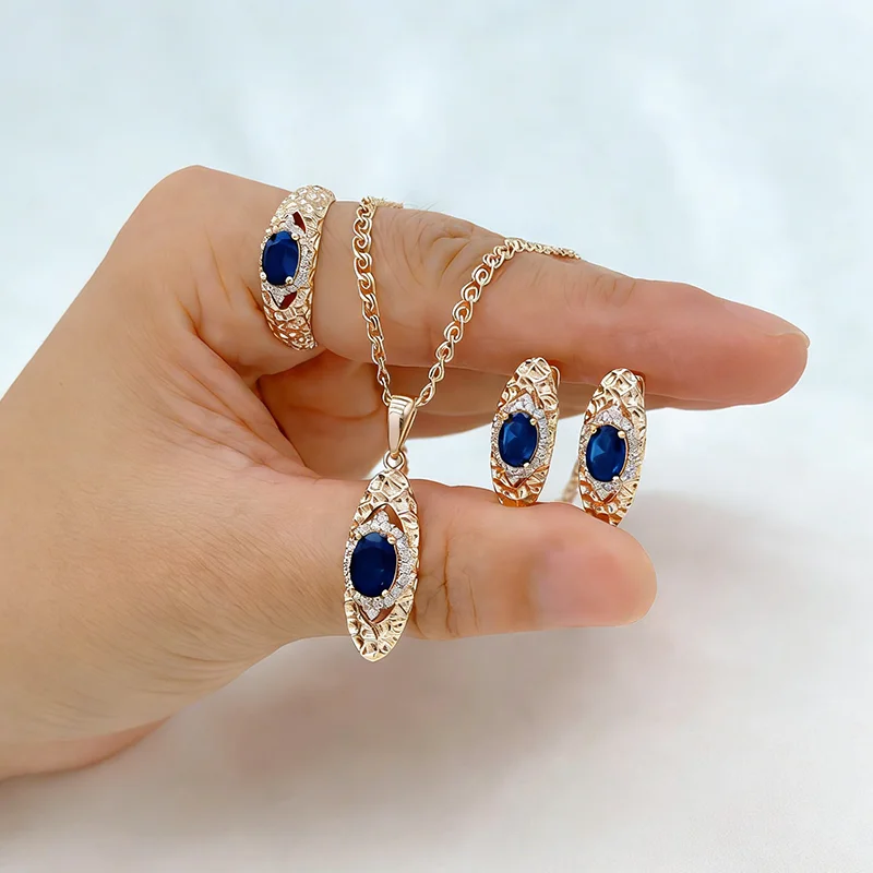 Kinel Hot Shiny Blue Natural Zircon Jewelry Sets for Women Fashion 585 Rose Gold Color Ring Earrings Necklace Daily Fine Jewelry