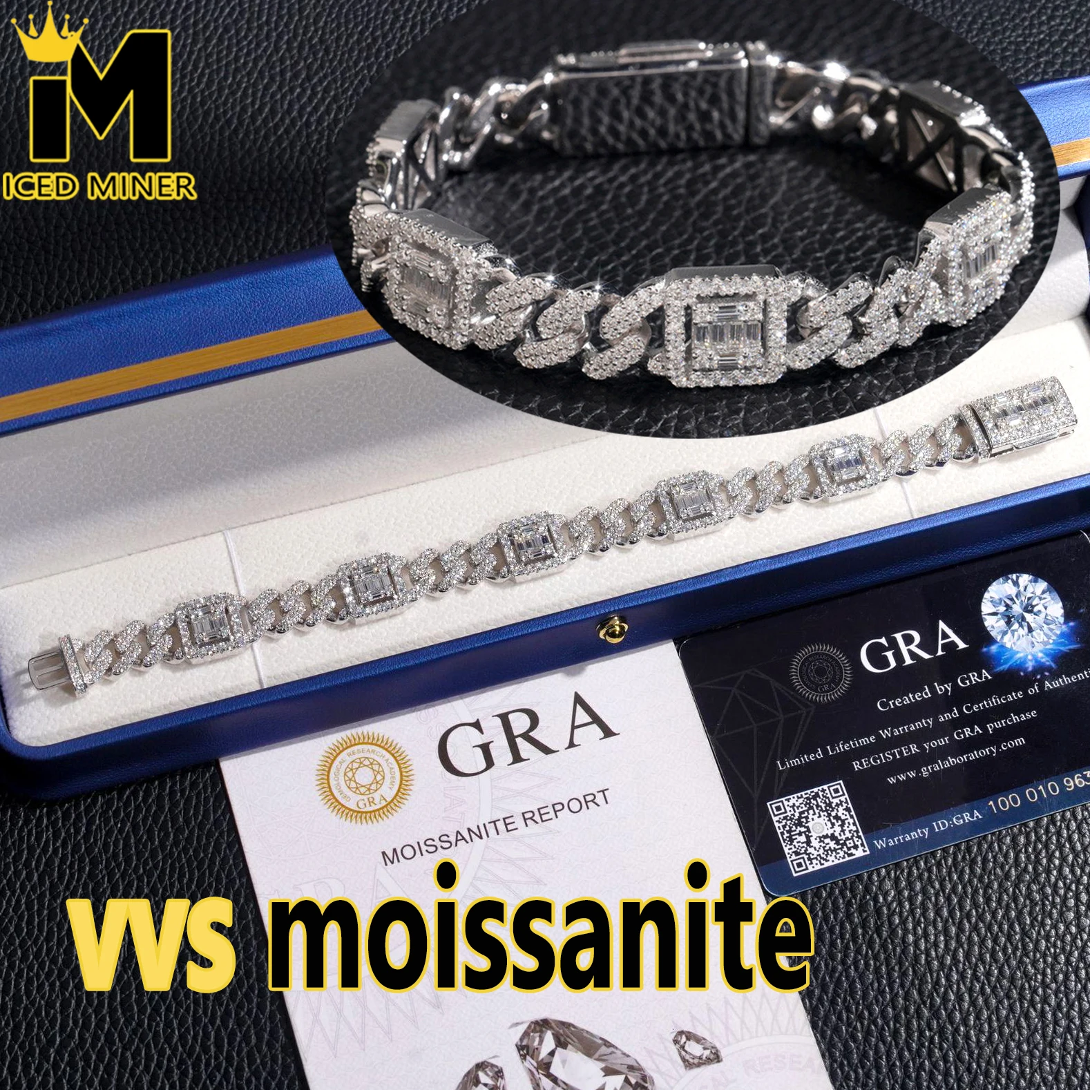 12mm Moissanite Baguettes Cuban Chain S925 Silver Bracelet Necklace Iced Out For Men Fashion Hip Hop Jewelry Pass Diamond Tester