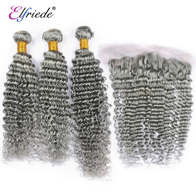 Elfriede-Mèches Deep Wave colorées avec Frmetals, cheveux pré-épilés, 100% cheveux humains, tissage avec dentelle 13x4, gris #, 3 lots