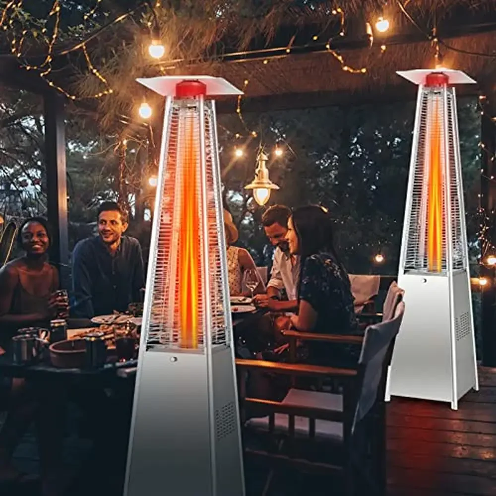 Patio Heater 42,000 BTU Stainless Steel Pyramid Outdoor Propane Heater with Wheels and Glass Tube Auto Shut Off Protection