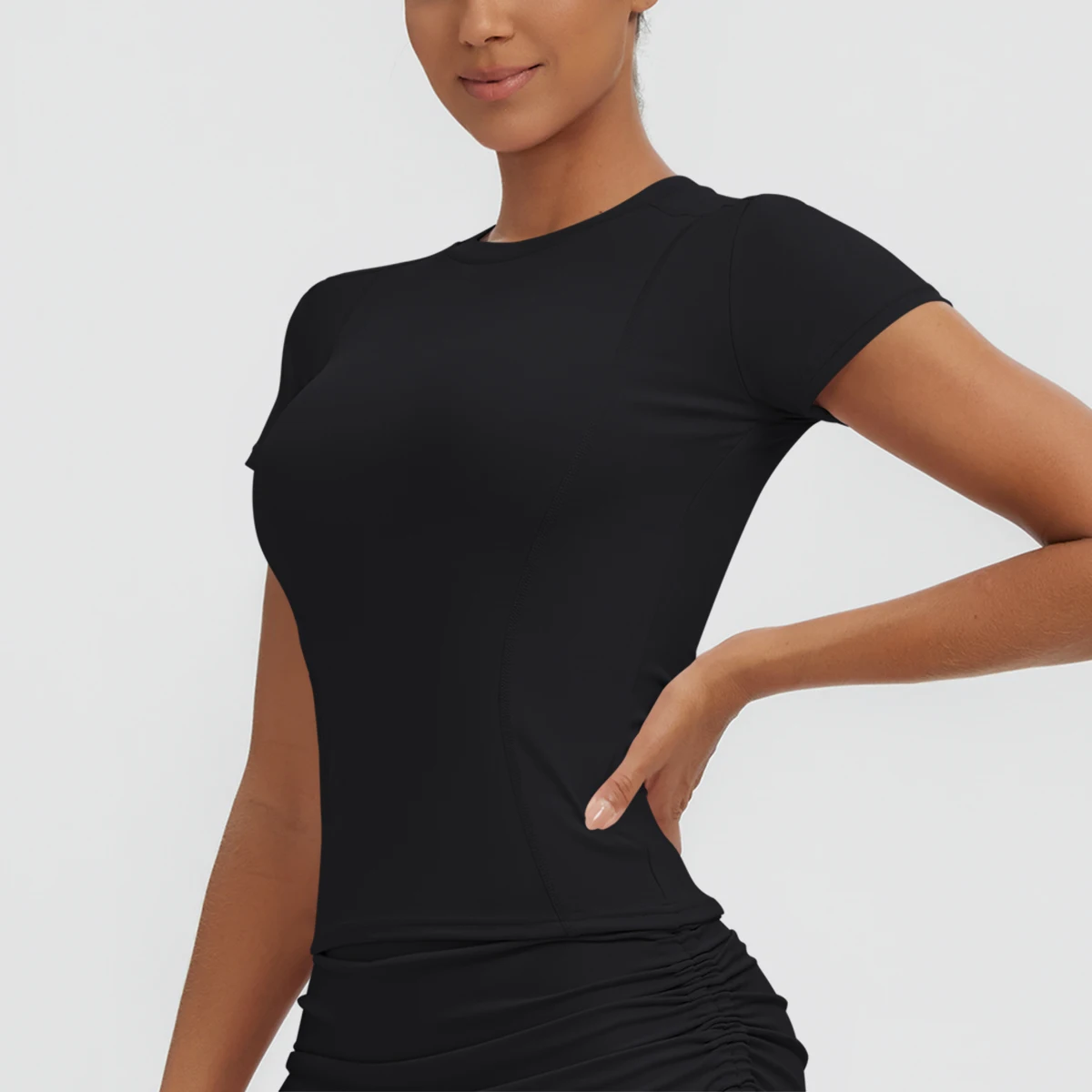 Neues Damen Sommer Yoga Kurzarm T-Shirt Lauf- und Radsport Einfarbiges Schnelltrocknendes Workout-Oberteil Enganliegend Atmungsaktive Yoga-Kleidung – Detail 15