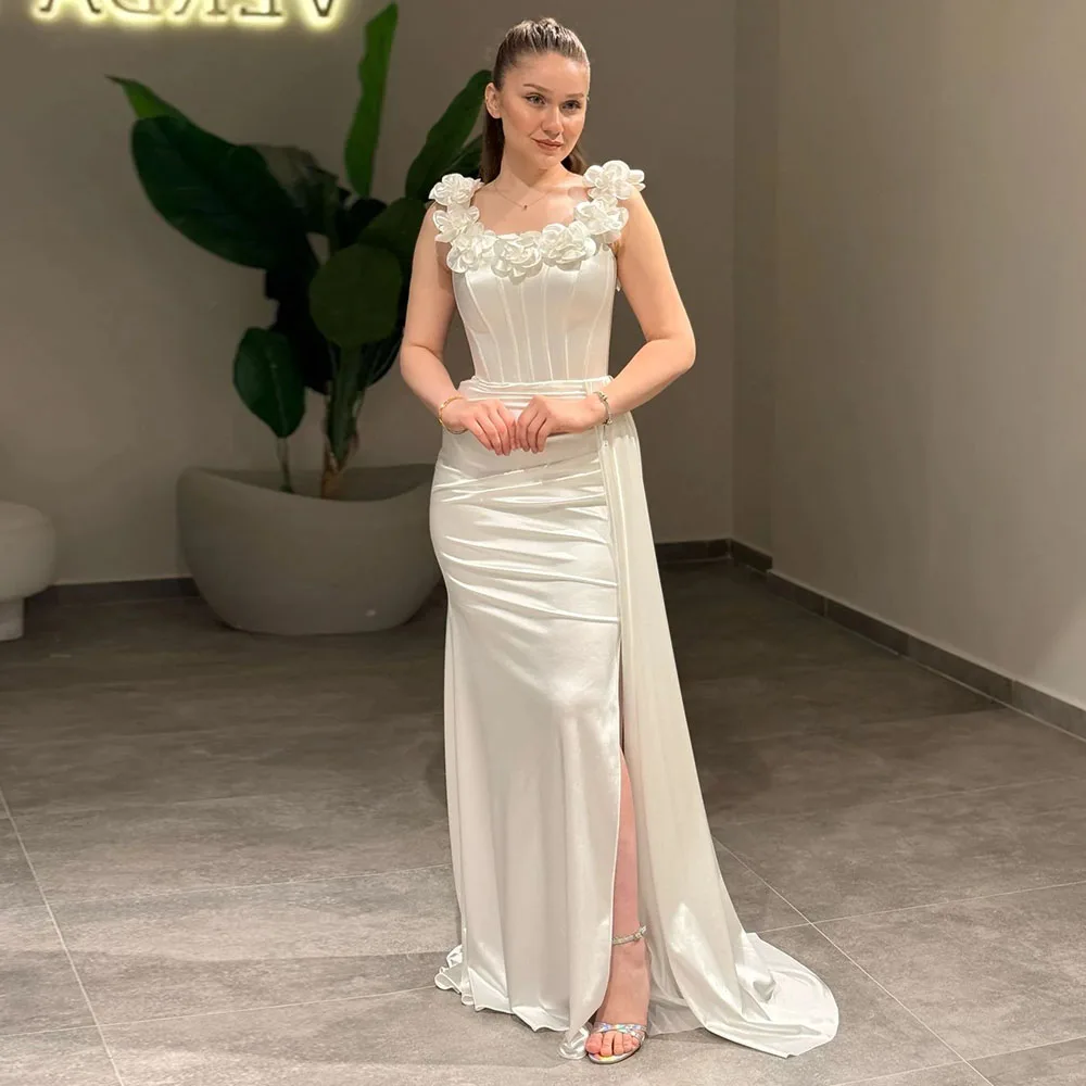 

Vanessa Customized White Satin Evening Dresses Women Off the Shoulder Pleats 3D Flowers Prom Gowns Side Slit Wedding Party Dress