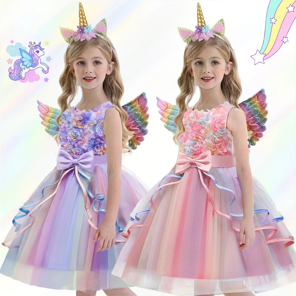 

3PCS Girls Pastel Unicorn Flower Tutu Dress Kids Tulle Strap Dress with Rainbow Headband Ball Gown Children Party Costume Dress