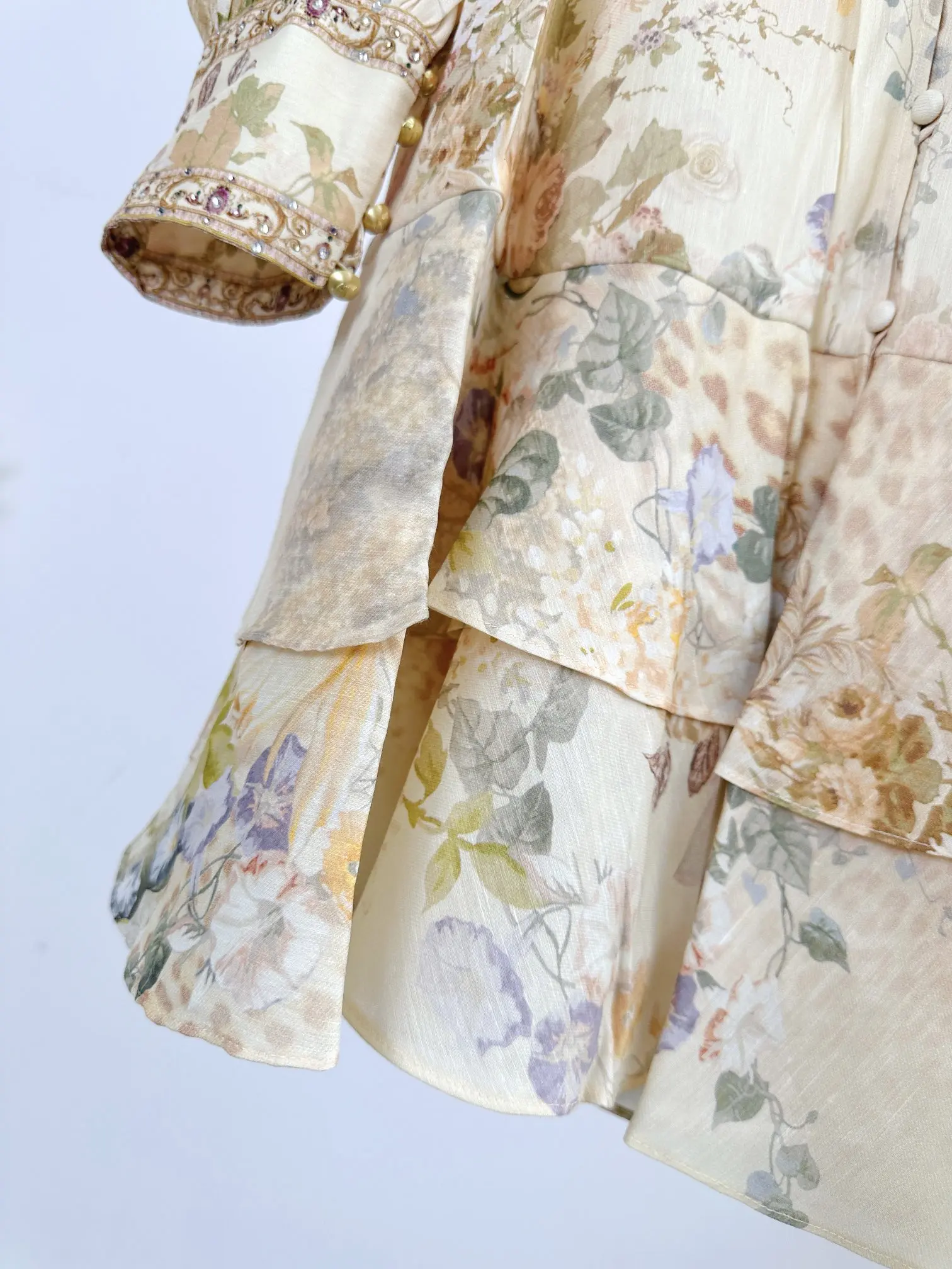 Cristal frisado feminino amarelo em camadas vestido floral impressão rendas bordado retalhos com decote em v manga longa moda seda mini robe