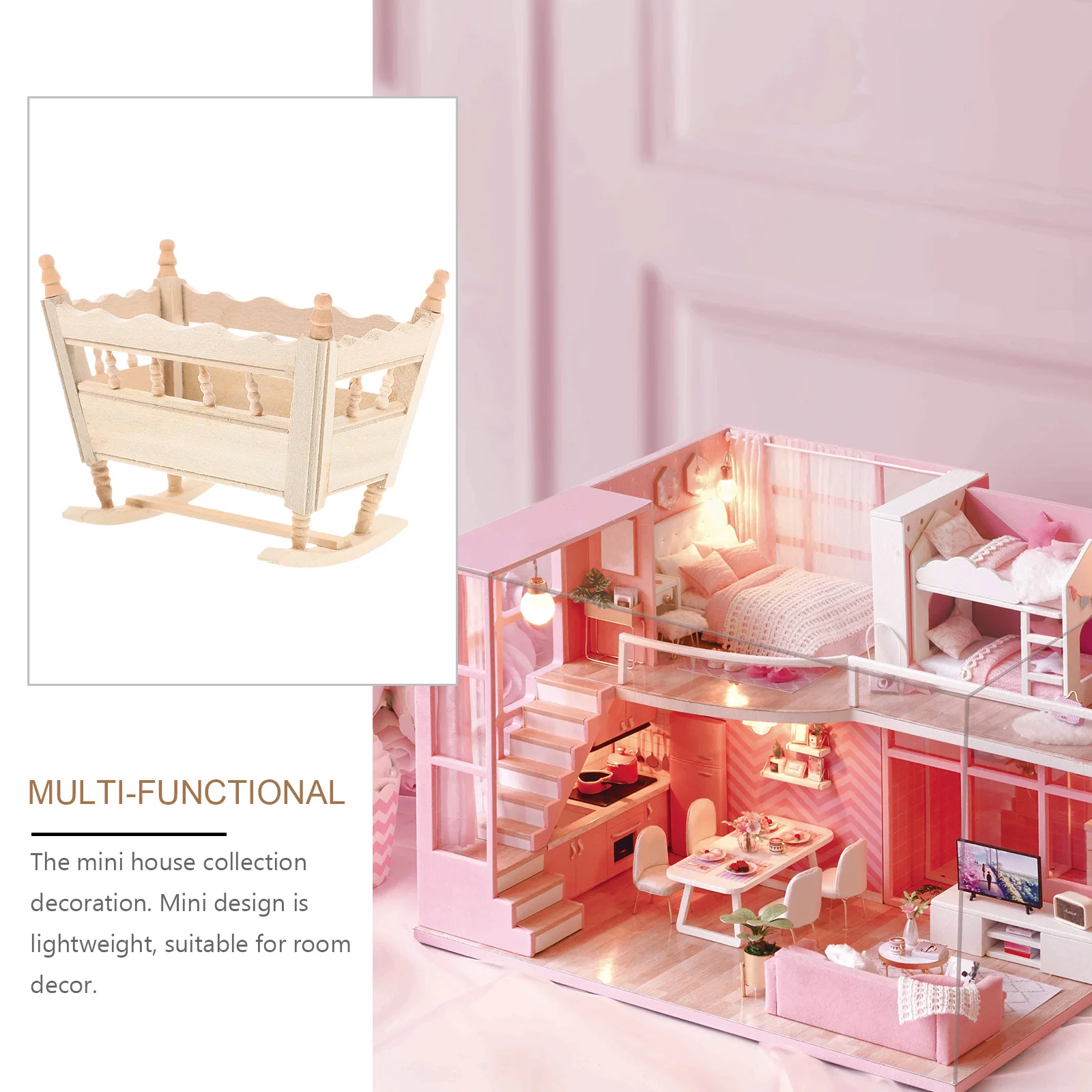 Mini House Bed Miniature Scene Accessory Wood Cradle Model Furniture Ornaments