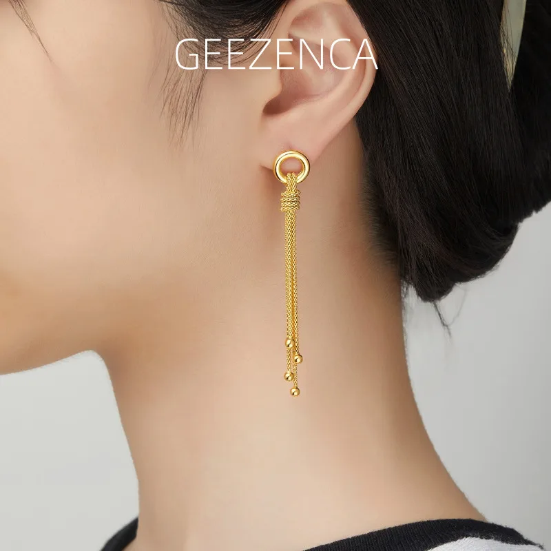 

GEEZENCA, итальянские роскошные серьги из серебра 925 пробы с позолотой, круглые, с длинной цепочкой и кисточками, изящные модные висячие серьги для женщин