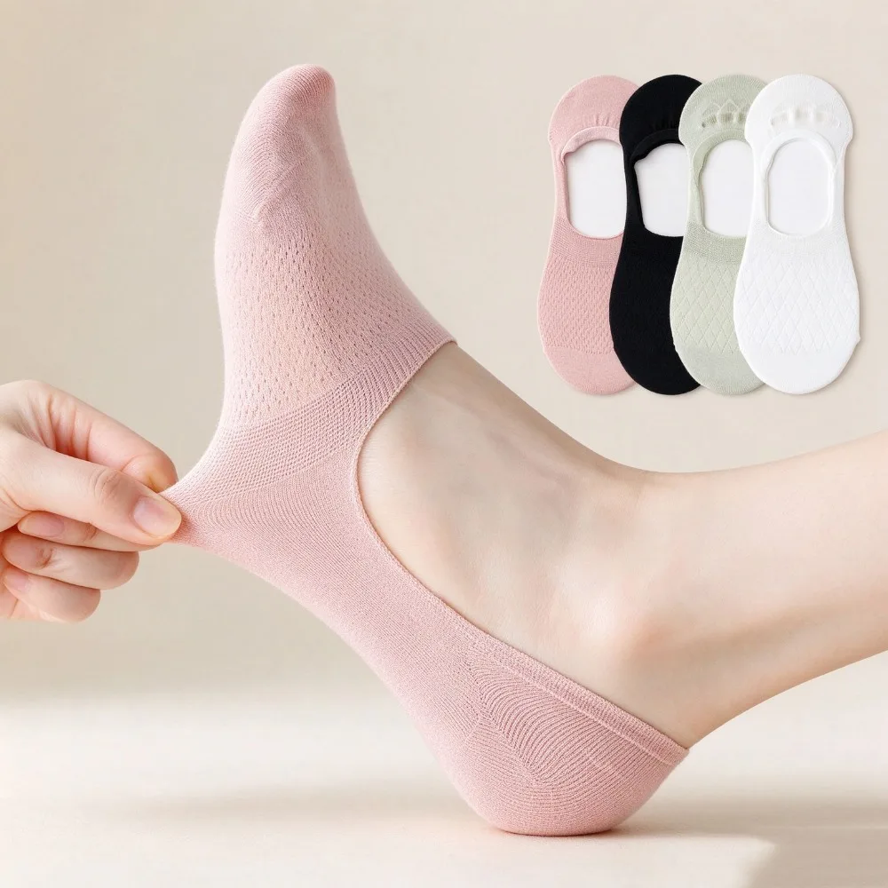 Calcetines invisibles de seda helada para mujer, de verano, con tejido de malla calada, delgados, transpirables, con silicona antideslizante, de corte bajo, tipo náuticos.