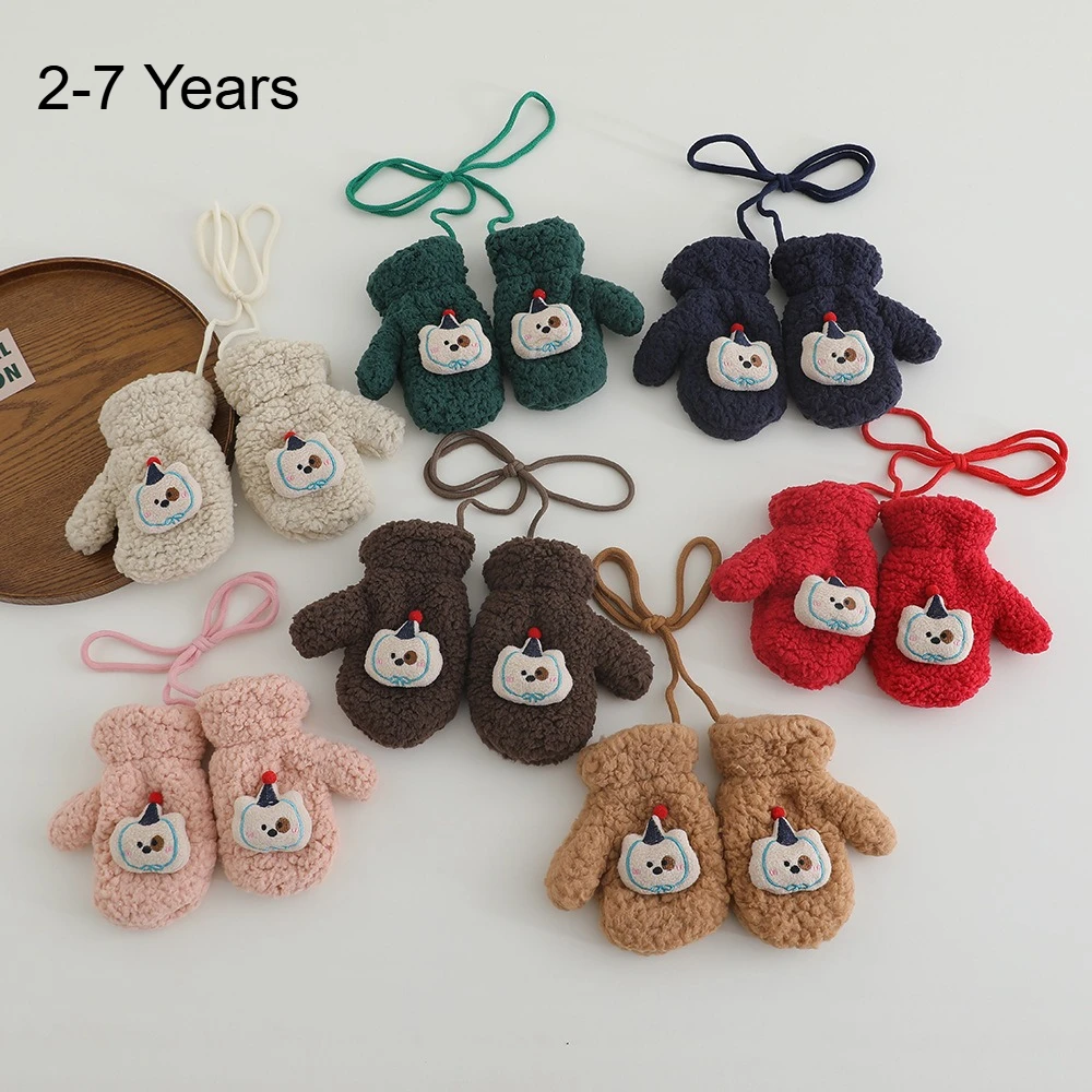 Guantes de invierno con forro polar para niñas y niños, alrededor del cuello, lana de cordero gruesa de 2 a 7 años, clima cálido y frío