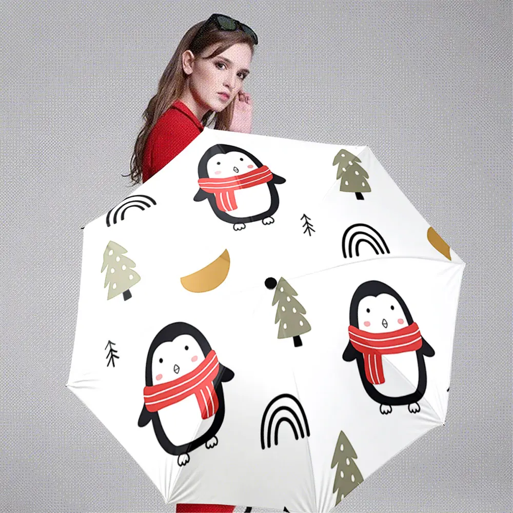 Cute Penguin Print Umbrella - Winter Scarf Design on White Background Portable Folding Umbrella, Gift for Family And Friends