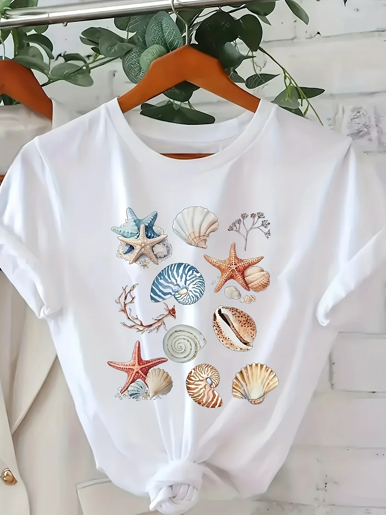 Casual Women's Beach T-Shirt- Light Beige Starfish Shell and Coral Reef Pattern Top- Soft Daily Summer Round Neck Shirt