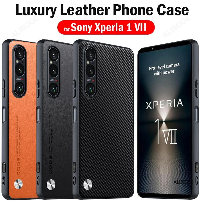 Capa à prova de choque para sony xperia 1 vii, capa de luxo com textura de fibra, proteção de couro pu para sony xperia1 vii