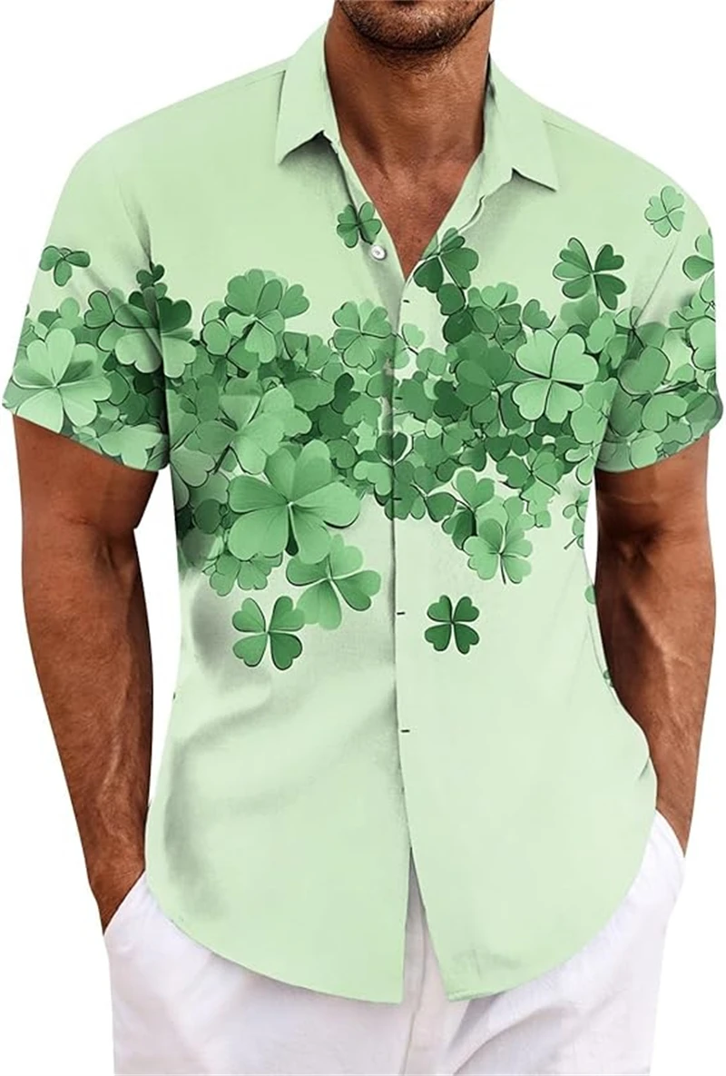 

Lucky Grass Shirts For Men Clothes 3D Printed Plant Clover Graphic Blouses St. Patrick's Day Streetwear Male Blouse Casual Top