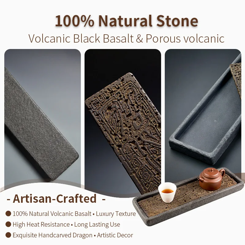Dragon Totem Tea Tray 38x12cm Natural Black Basalt Handcarved Kung Fu Tea Ceremony Oriental Zen Art Home Office Decor