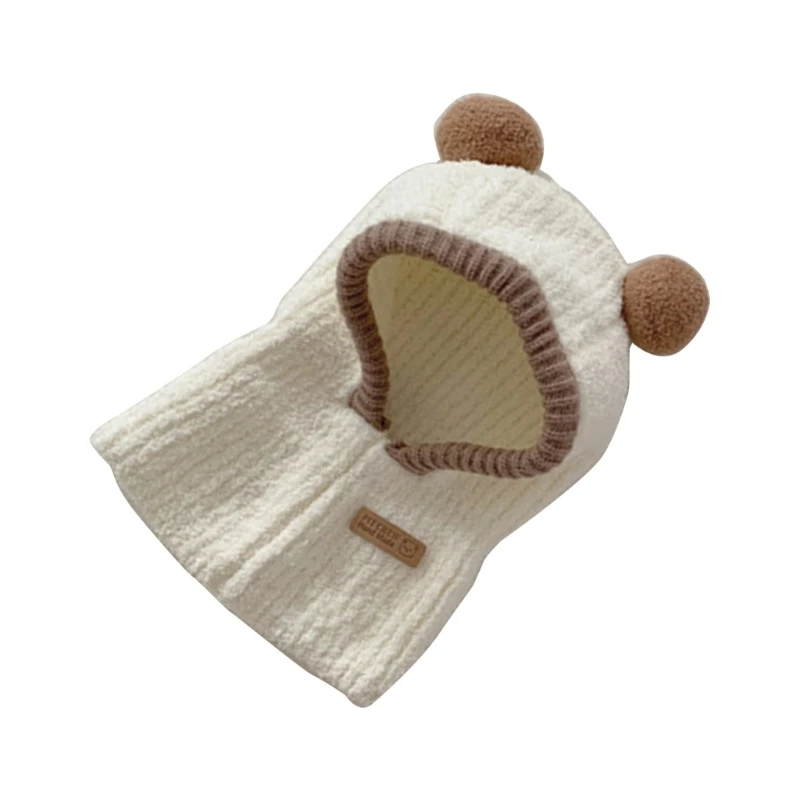 2 In 1 Baby Hat Scarf Integrated Warm Winter Earflap Beanie Neck Warmer with Pom Outdoor Essential for Boys Girls